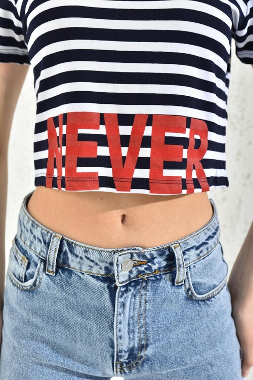 Navy Blue Crew Neck Print Detailed Crop Blouse