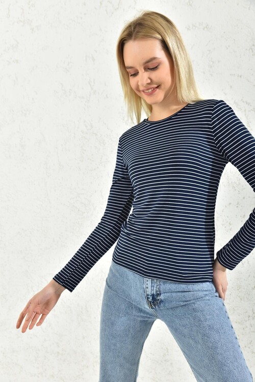 Navy Blue Crew Neck Striped Blouse