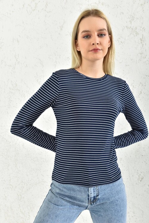 Navy Blue Crew Neck Striped Blouse