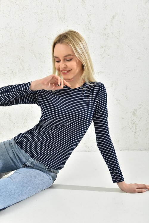 Navy Blue Crew Neck Striped Blouse