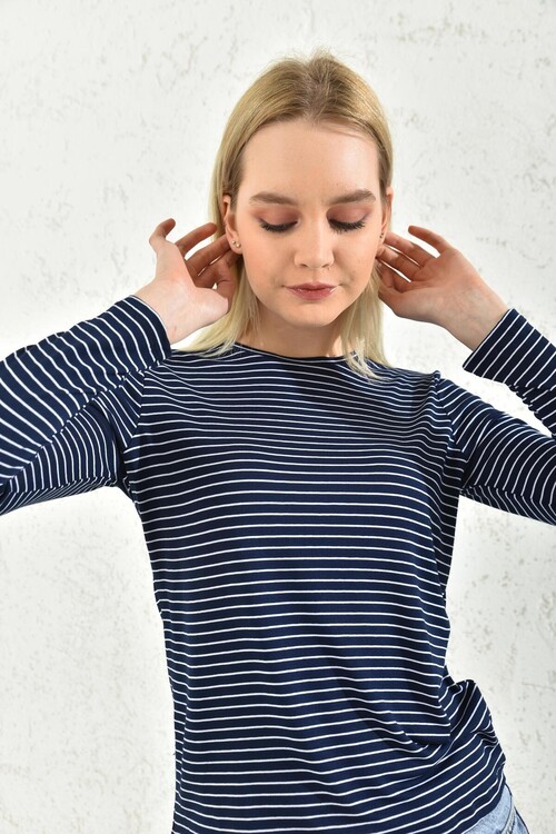 Navy Blue Crew Neck Striped Blouse