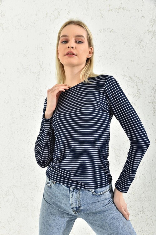Navy Blue Crew Neck Striped Blouse