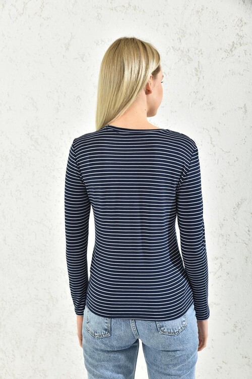 Navy Blue Crew Neck Striped Blouse