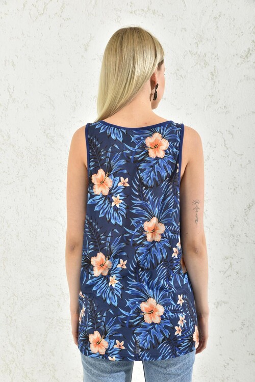 Navy Blue Floral Patterned U Neck T-Shirt