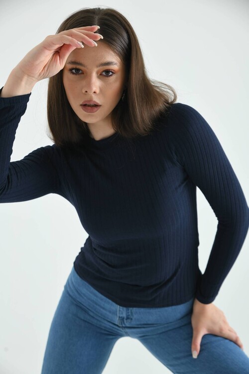 Navy Blue Stand Up Collar Long Sleeve Ribbed Knitted Blouse