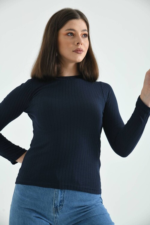 Navy Blue Stand Up Collar Long Sleeve Ribbed Knitted Blouse