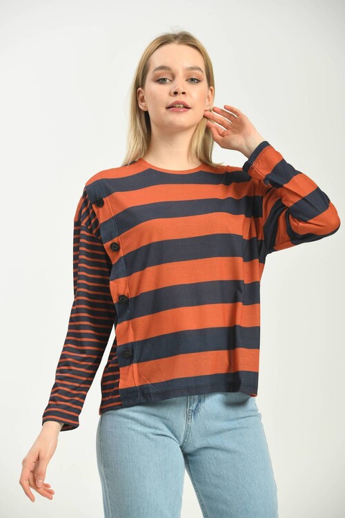 Navy Blue Button Detailed Striped Knitted T-Shirt