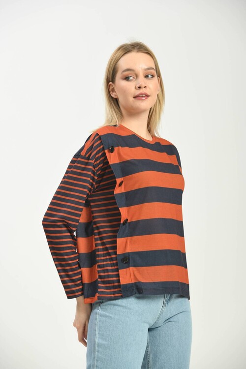 Navy Blue Button Detailed Striped Knitted T-Shirt