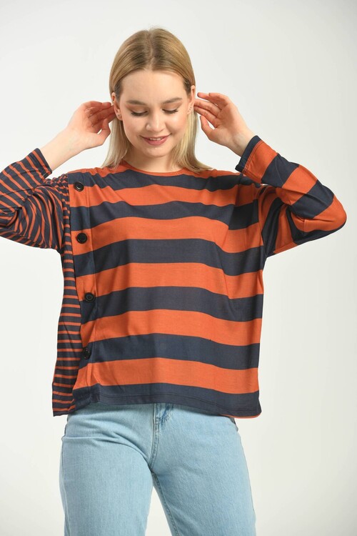 Navy Blue Button Detailed Striped Knitted T-Shirt