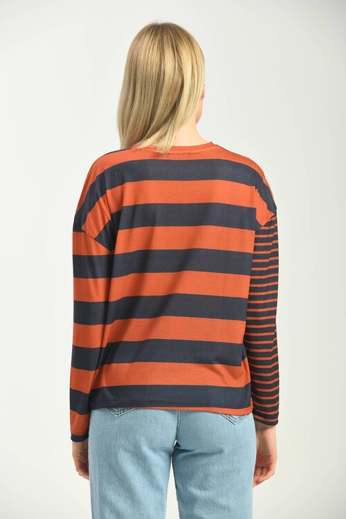 Navy Blue Button Detailed Striped Knitted T-Shirt