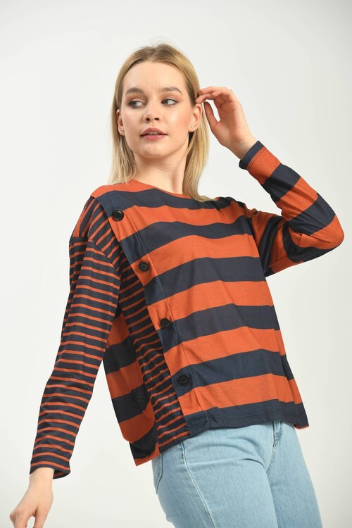 Navy Blue Button Detailed Striped Knitted T-Shirt