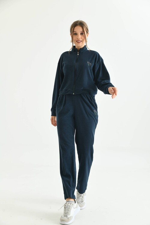 Navy Blue Terry Fabric Floral Embroidered Tracksuit Set