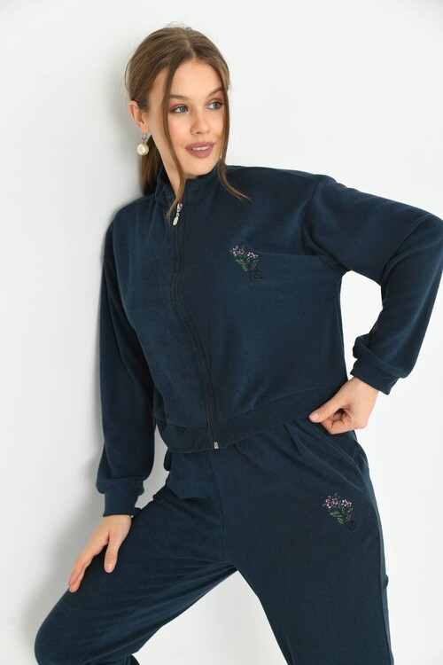 Navy Blue Terry Fabric Floral Embroidered Tracksuit Set