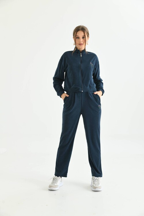 Navy Blue Terry Fabric Floral Embroidered Tracksuit Set