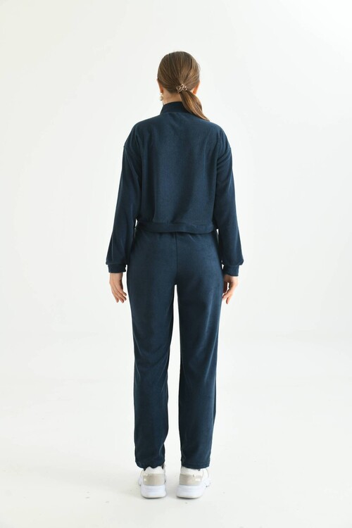Navy Blue Terry Fabric Floral Embroidered Tracksuit Set