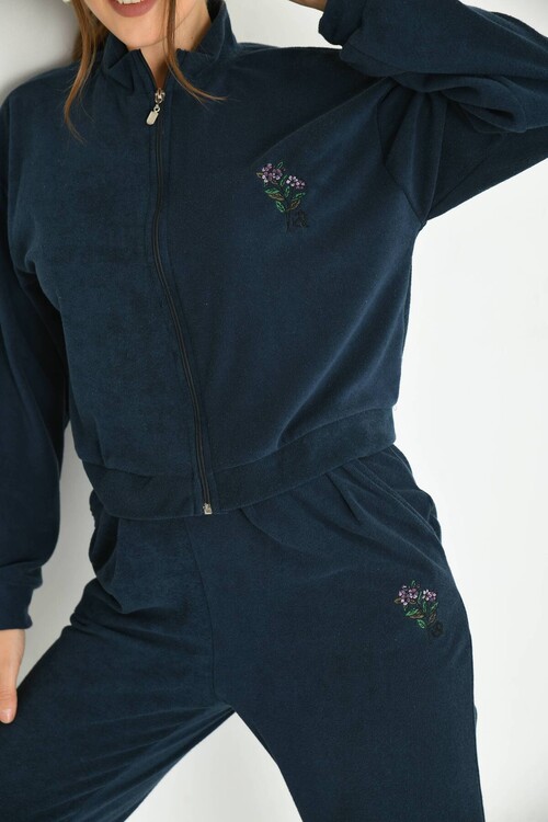 Navy Blue Terry Fabric Floral Embroidered Tracksuit Set