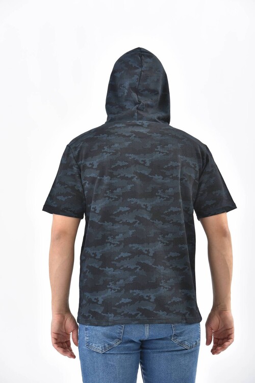 Navy Blue Camouflage Pattern Hooded Short Sleeve Sweatshirt
