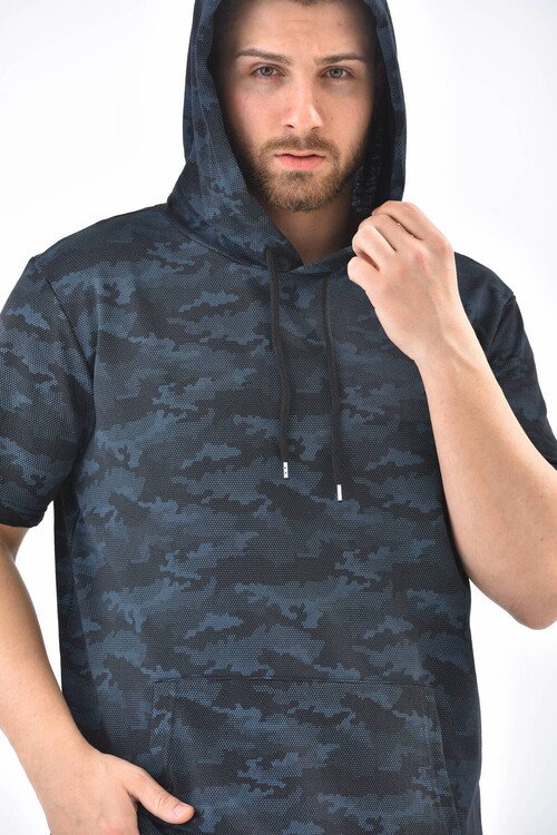 Navy Blue Camouflage Pattern Hooded Short Sleeve Sweatshirt
