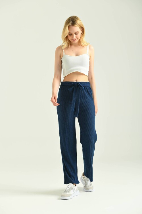 Navy Blue Elastic and Tie Detailed Knitted Knitted Trousers