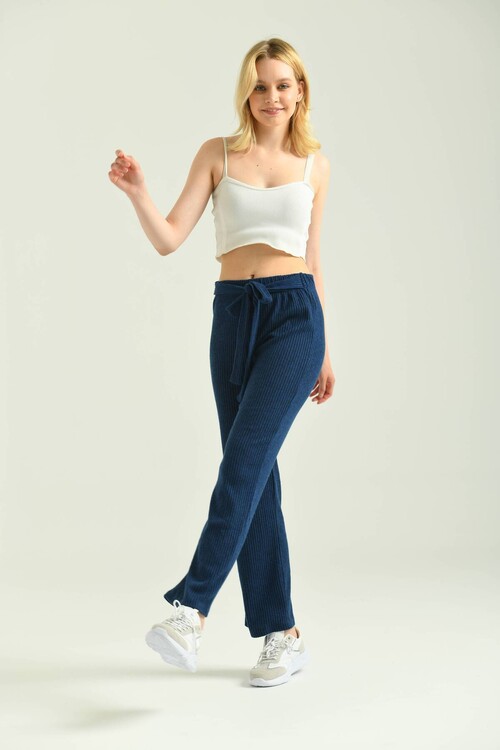 Navy Blue Elastic and Tie Detailed Knitted Knitted Trousers