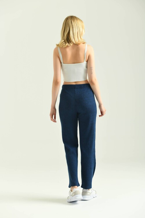Navy Blue Elastic and Tie Detailed Knitted Knitted Trousers