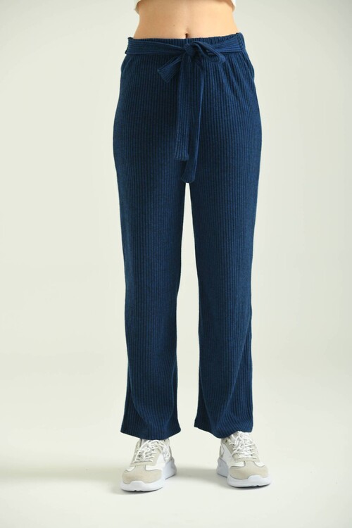 Navy Blue Elastic and Tie Detailed Knitted Knitted Trousers