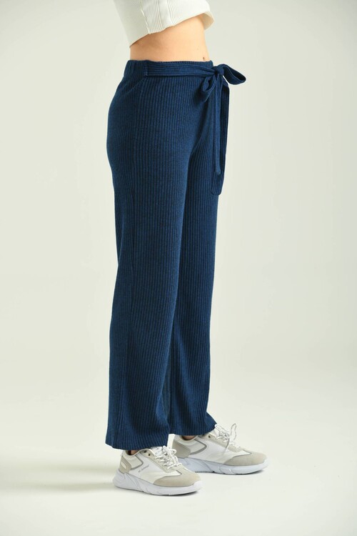 Navy Blue Elastic and Tie Detailed Knitted Knitted Trousers