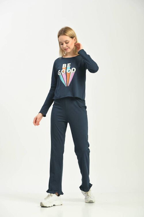 Lacivert Örme Baskılı Pijama Takımı