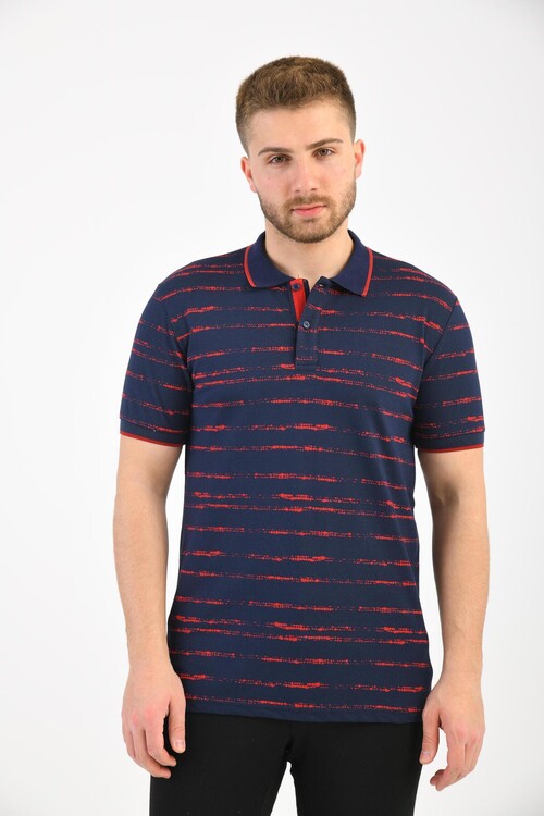 Navy Blue Polo Neck Printed Short Sleeve T-Shirt