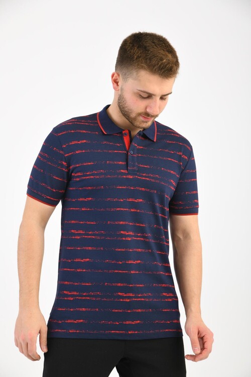 Navy Blue Polo Neck Printed Short Sleeve T-Shirt