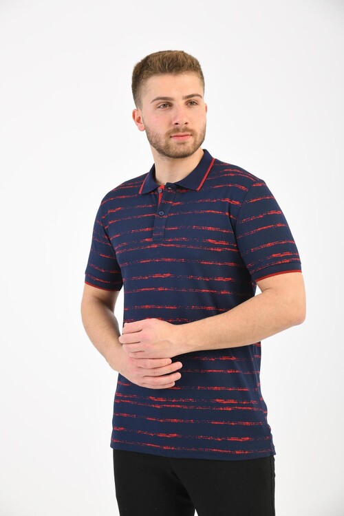 Navy Blue Polo Neck Printed Short Sleeve T-Shirt