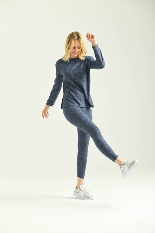 Navy Blue Side Slit Soft Knitted Pajamas Set