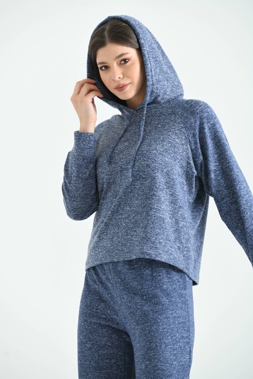 Navy Blue Knitted Hooded Pajamas Set