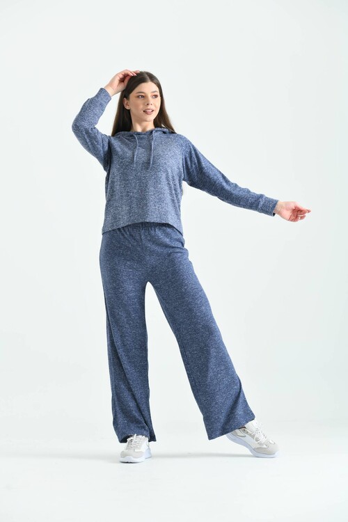 Navy Blue Knitted Hooded Pajamas Set