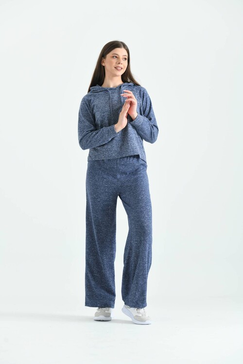 Navy Blue Knitted Hooded Pajamas Set