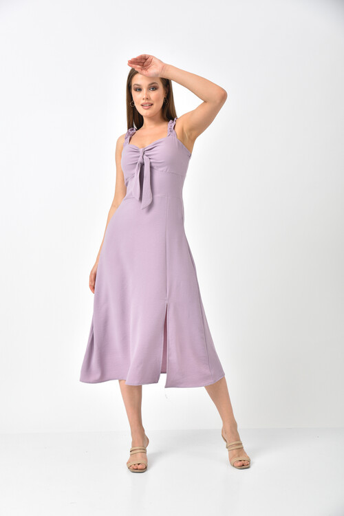 Lilac Strap Pleated Back Detail Slit Dress