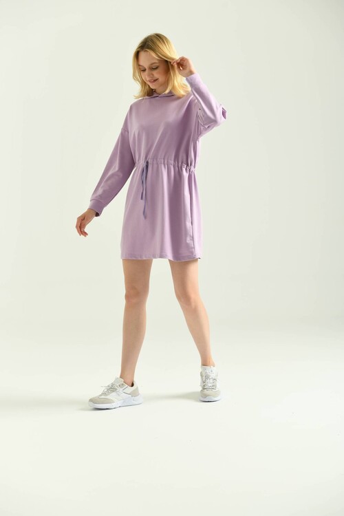 Lila Kapüşonlu Bağlama Detay Mini Örme Sweat Elbise