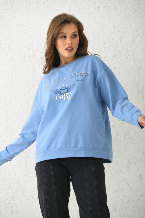 Mavi Baskı Detaylı Örme Sweatshirt 
