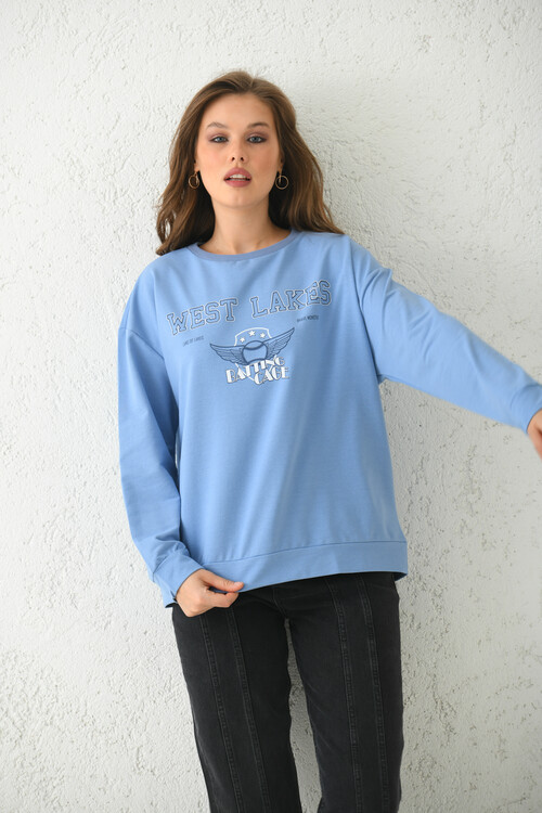 Mavi Baskı Detaylı Örme Sweatshirt 