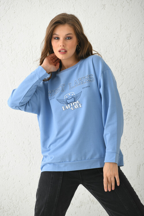 Mavi Baskı Detaylı Örme Sweatshirt 