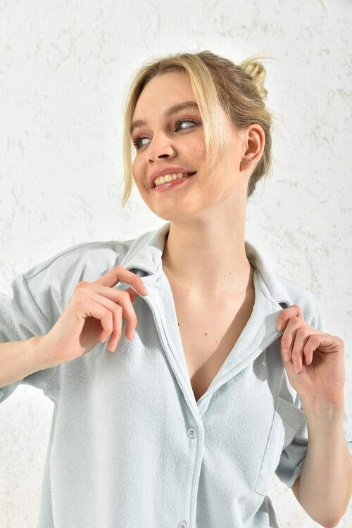 Blue Terry Fabric Shirt Collar Blouse