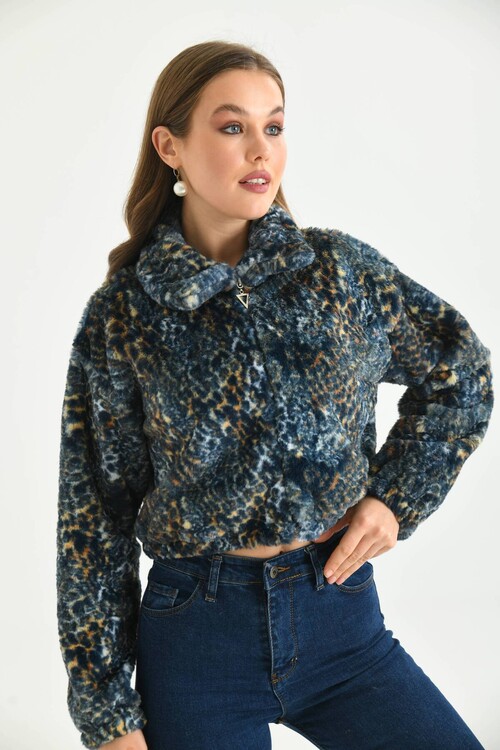 Blue Leopard Pattern Crop Plush Coat
