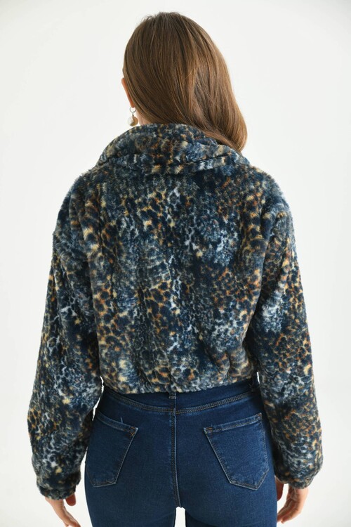 Blue Leopard Pattern Crop Plush Coat