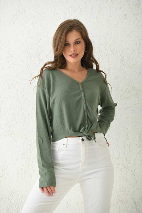 Mint Lacing and Button Detailed Knitted Blouse