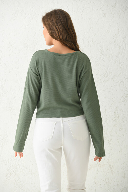Mint Lacing and Button Detailed Knitted Blouse