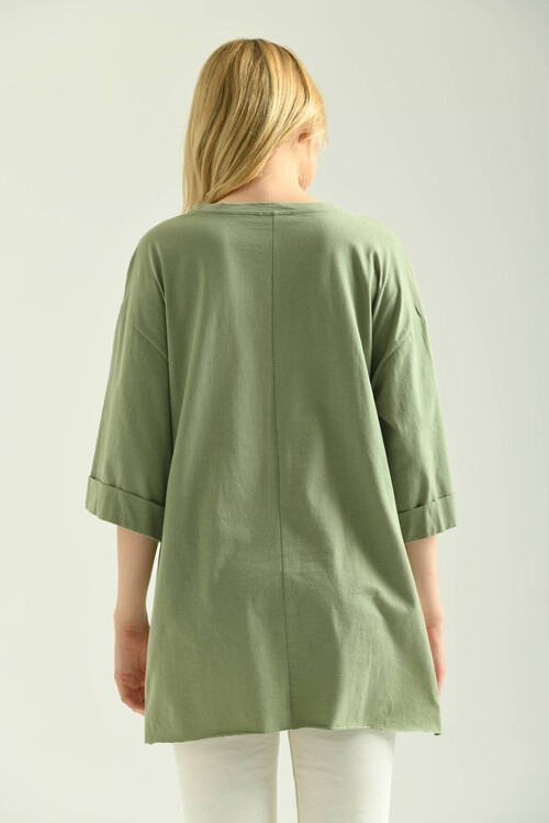 Mint Double Sleeve Wide Cut Asymmetrical Slit Knitted T-Shirt