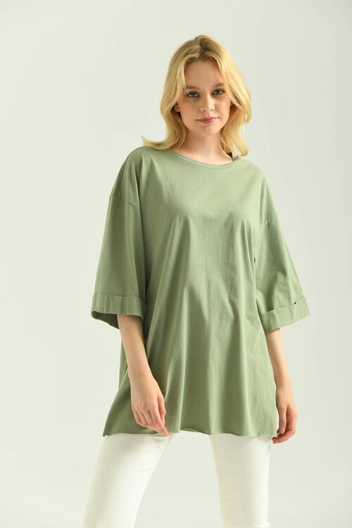Mint Double Sleeve Wide Cut Asymmetrical Slit Knitted T-Shirt
