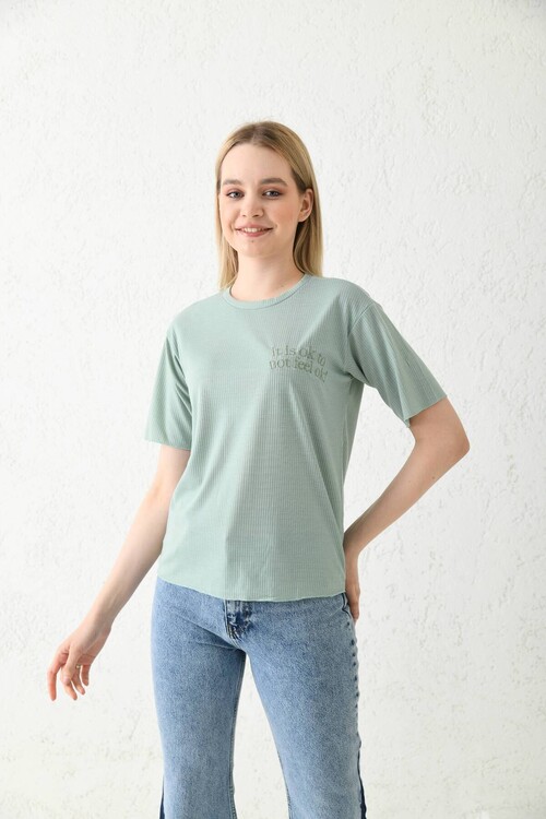 Mint Nakış Detaylı Kısa Kol T-Shirt