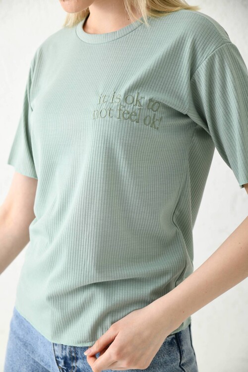 Mint Nakış Detaylı Kısa Kol T-Shirt