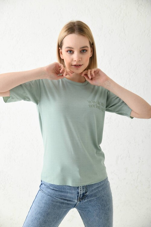 Mint Nakış Detaylı Kısa Kol T-Shirt